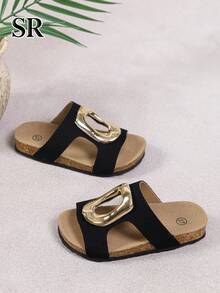 Girls Hollow Metal Buckle Decor Fashion Slippers, Black Classic Versatile Sandals, Daily And Beach Vacation Shoes, 1 Pair - Black - View 6