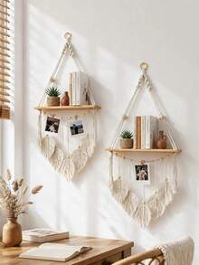 1 pieza/2 piezas Estantería colgante de pared tejida a mano con diseño de hoja, estante flotante de almacenamiento de madera estilo bohemio, adecuado para baño, dormitorio, sala de estar, clips no incluidos - Multicolor - Ver 2