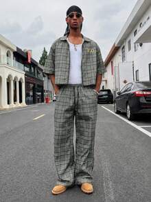 HOMIIE Men's 2 Pieces Set, Grey Plaid Zipper Short Sleeve Cropped Shirt And Elastic Waist Wide Leg Pants, Back Letter Print Streetwear Back To School Outfit - Grey - View 1