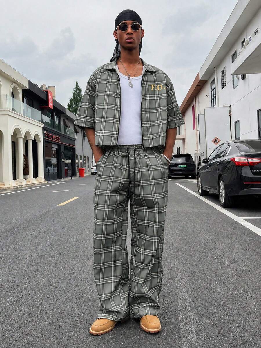 HOMIIE Men's 2 Pieces Set, Grey Plaid Zipper Short Sleeve Cropped Shirt And Elastic Waist Wide Leg Pants, Back Letter Print Streetwear Back To School Outfit - Grey - View 1