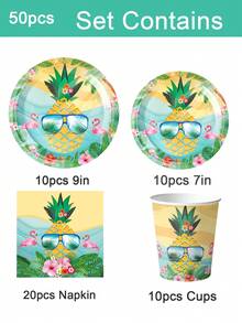 50/10 Sets Decorative Flamingo Party Supplies Summer Beach Paper Plates Napkins Paper Cups Set Pineapple Hawaiian Theme Tableware 10 People - View 15