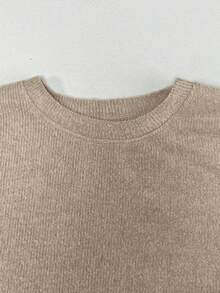Men's Khaki Soft Thermal Lined Vertical Striped Long Sleeve Top, Loose Fit Drop Shoulder Warm Crew Neck Casual Base Layer - Khaki - View 7