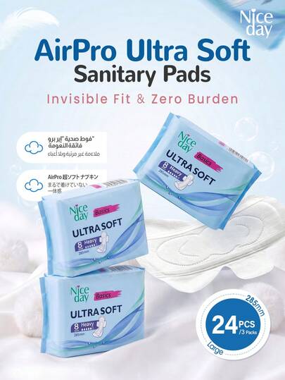 Niceday 3 Packs, 24 Pcs Total, 285mm Overnight Sanitary Pads, Ultra Thin, Breathable, Super Soft, Skin-Friendly, Fast Absorption, Suitable For Heavy Flow, Non-Irritating, Leak-Proof
