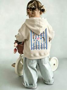 Little Girls Cute Cartoon Horse Graphic Casual Drop Shoulder Hoodie - Apricot - View 1