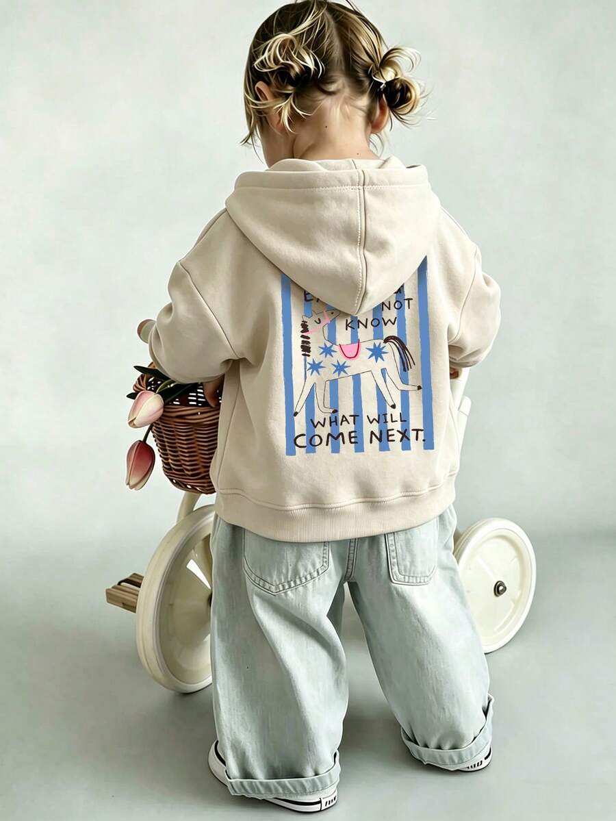 Little Girls Cute Cartoon Horse Graphic Casual Drop Shoulder Hoodie - Apricot - View 1