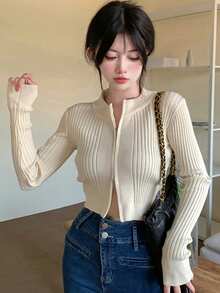 New Short Slim Fit Cardigan Jacket Versatile Round Neck Zipper Top Fall - Apricot - View 3