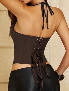 Yuwenier Coffee Brown Vintage Spaghetti Strap Corset Top, Metal Eyelet Lace-Up Backless Body-Shaping Tank Top, Themed Party Valentine's Day Halloween Outfit - Coffee Brown - View 4