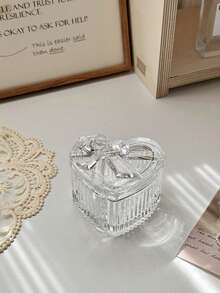 1pc Bowknot Heart-Shaped Glass Jewelry Box, Transparent Jewelry Jar With Bowknot Embossed Decoration, Home Glass Storage Box Decorative Ornament - Transparent - View 10