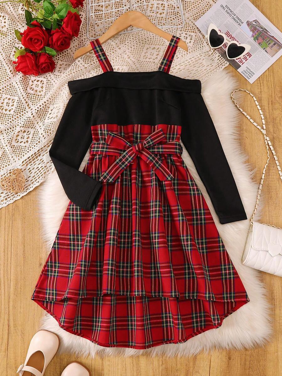 Purechapter Tween Girls European And American Style Cold Shoulder Elegant Plaid Asymmetric Hem Dress, Spring/Autumn New Arrival, Suitable For Daily Casual Outdoor Holiday Wear - Red and Black - View 1