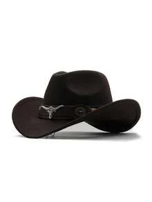 1pc Pure Black Faux Wool Western Cowboy Hat With Dark Brown Leather Hat Band, Decorated With Silver Bull Head Badge And Vintage Metal Round Buckle, Black And Brown Contrast Cool Style, Shapeable Wide Brim, Outdoor Travel Photography Western Style Versatile Sun Protection Hat, Unisex - Top Hat - View 8