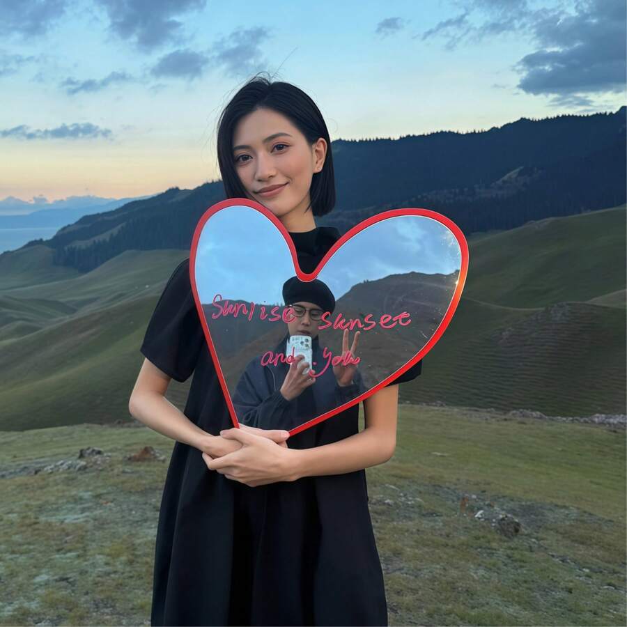 Cermin Berbentuk Hati dengan Bingkai Merah, Alat Peraga Foto Selfie Genggam Estetis, Cermin Dekoratif Portabel untuk Fotografi Pasangan Saat Perjalanan Luar Ruangan, Dekorasi Dinding Rumah