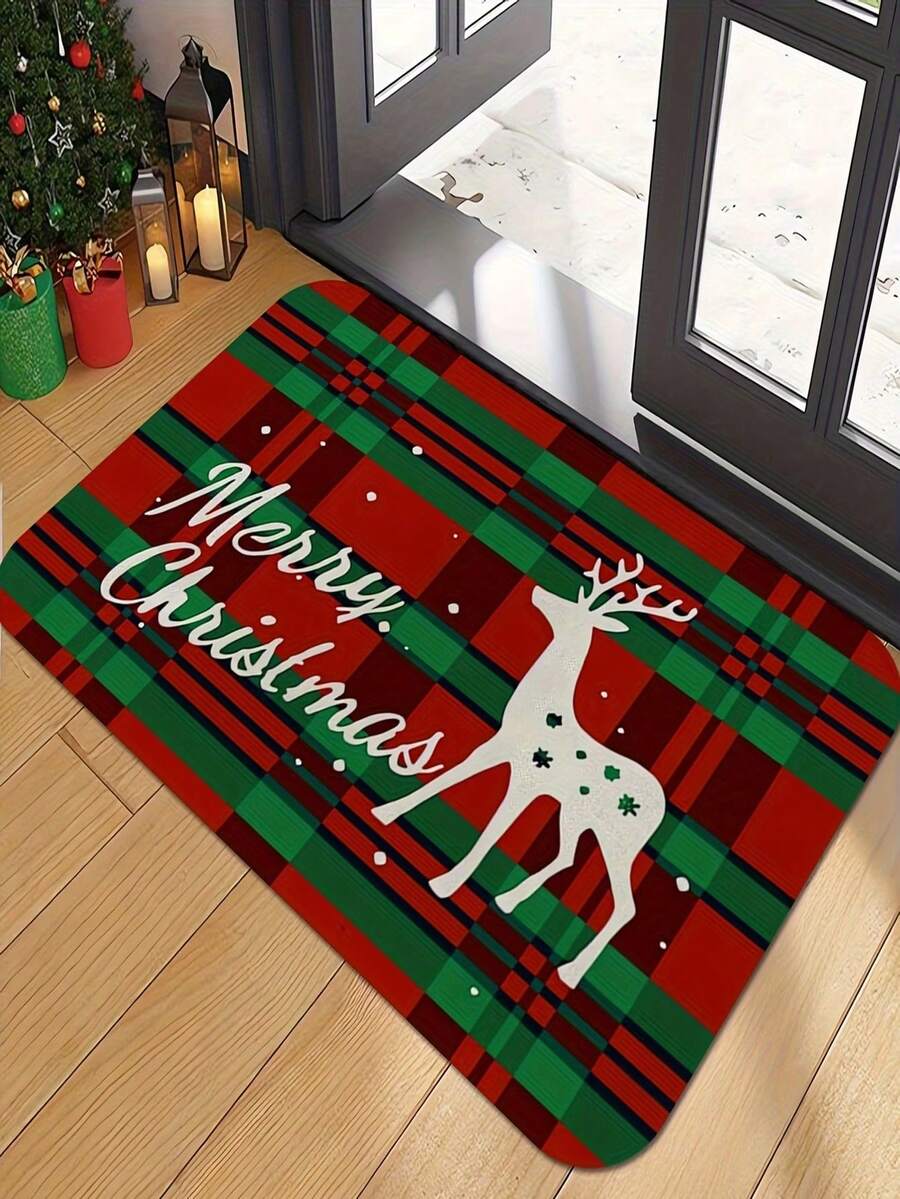 Christmas Welcome Mat, Festive Red & Green Plaid Design | Machine Washable Crystal Velvet Rug, Perfect For Entryway, Living Room, Bedroom, Kitchen, Hallway, Office | Christmas Decor Door Mat, Deer Christmas Decor Rug - A - View 1