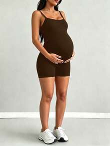 Parara Maternity Spaghetti Strap Jumpsuit, Tight Fit Comfortable Casual All-Season Fashion Innerwear, Sporty Casual Style Brown Summer - Brown - View 2