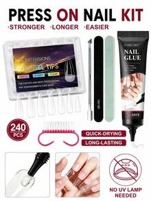 LIMEGIRL Wearable Nail Set 240pcs Transparent Soft Gel Nail Tips, Includes Nail Glue, Nail File, Cuticle Pusher And Cleaning Brush, No UV Lamp Needed, DIY Nail Extension - 6-piece Set - View 1