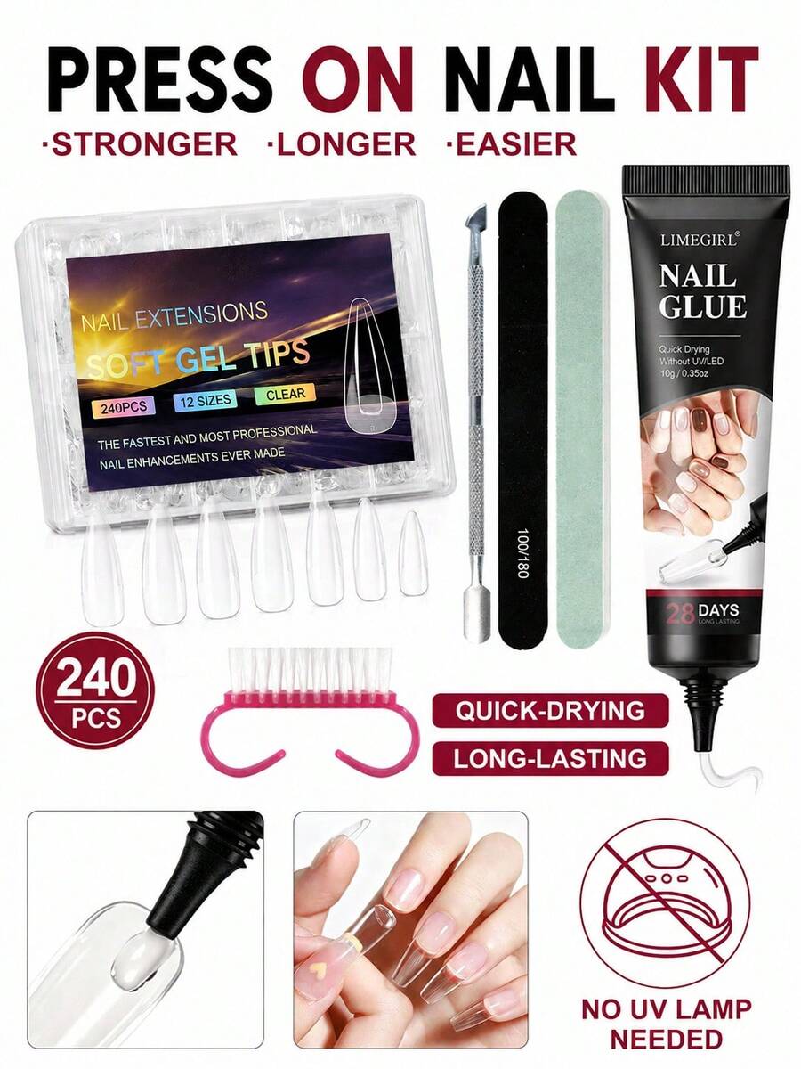 LIMEGIRL Wearable Nail Set 240pcs Transparent Soft Gel Nail Tips, Includes Nail Glue, Nail File, Cuticle Pusher And Cleaning Brush, No UV Lamp Needed, DIY Nail Extension - 6-piece Set - View 1