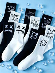 1 Pair/5 Pairs Random Assorted Men's Crew Socks, Black & White Contrast Ghost Face Pattern Design, Creative Fashion High-Quality Breathable Moisture-Wicking Socks, Suitable For Sports, Casual, Street Style, Daily Wear - Multicolor - View 6