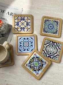 Sicilian Vintage Floral Tile Pattern Thickened MDF Material Embossed High-Definition Printed Square Heat-Insulating Coaster Placemat Suitable For Home Daily Use And Holiday Birthday Gift, Travel Souvenir Gift - Multicolor - View 4
