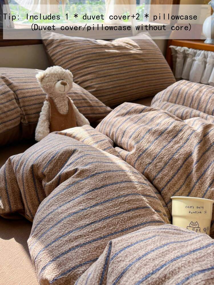 Neutral Blue Striped Duvet Cover Set, Mocha Brown Duvet Cover, Includes 1*Duvet Cover + 2*Pillowcases, Minimalist Country Style Neutral Bedding, Suitable For Bedroom, Dorm, Apartment, Duvet Cover And Pillowcases Without Fill, Machine Washable - Brown - View 2