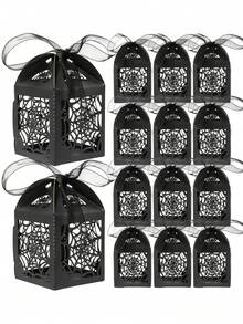 1/12 piezas Cajas de regalo de dulces de Halloween con cinta, estilo telaraña negra | Cajas de regalo de dulces de papel huecas de 2 pulgadas, adecuadas para recuerdos de boda gótica, recuerdos de fiesta, despedida de soltera y cumpleaños - Multicolor - Ver 8