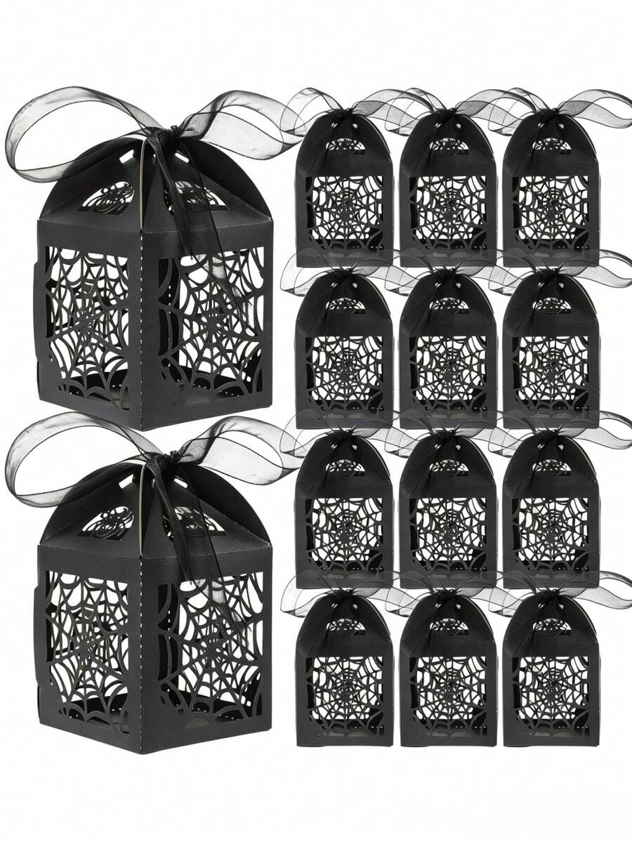 1/12pcs Halloween Spider Web Hollow Gift Boxes With Ribbon, Black Spider Web Hollow, Day Of The Dead Decor Style | Hollow 2 Inch Paper Mini Candy Gift Boxes, Suitable For Gothic Wedding Favors, Party Favors, Bridal Shower And Birthday, Party Gift Bags, Halloween Party Set Gift Boxes