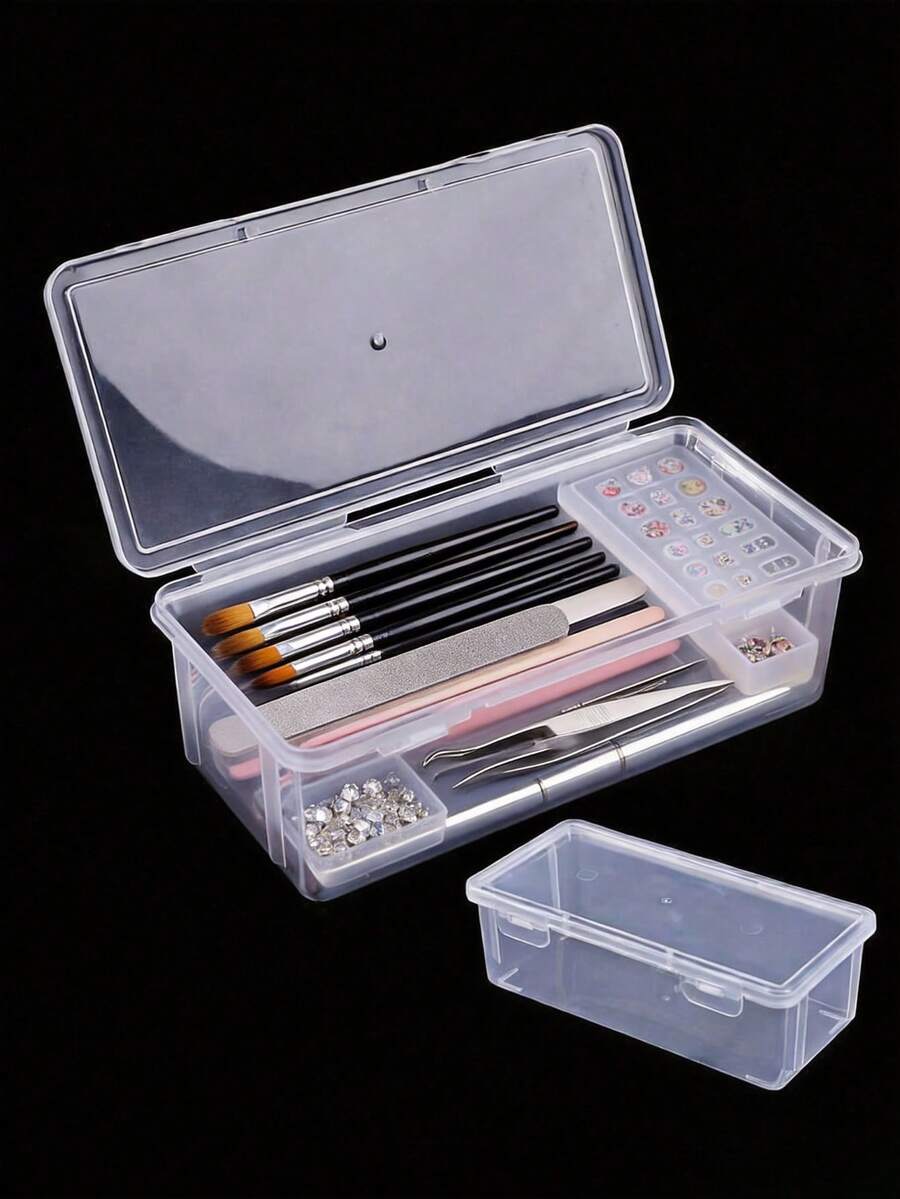 1/2pcs Rectangular PP Plastic Box, Deep Tool Storage, Nail File, Nail Brush, Light Therapy Pen Sponge Eraser Storage Box, Portable Transparent Long Box, Rectangular Jewelry Storage Box, Nail Art Storage Box - Multicolor - View 1