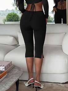 Women's Solid Color Casual Versatile Daily Wear Capri Pants Black - Black - View 4