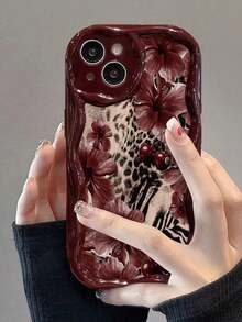 Floral Painted Cream Wavy Edge Burgundy Flat Print Anti-Drop Fashion Cute Phone Case, Compatible With IPhone 17/17 Pro/17 Pro Max/16/16 Pro/16 Pro Max/16 Plus/10/14/15, P14 Thickened P13 Soft Shell P12 Full Coverage P11 Anti-Drop Creative Phone Case - Multicolor - View 7