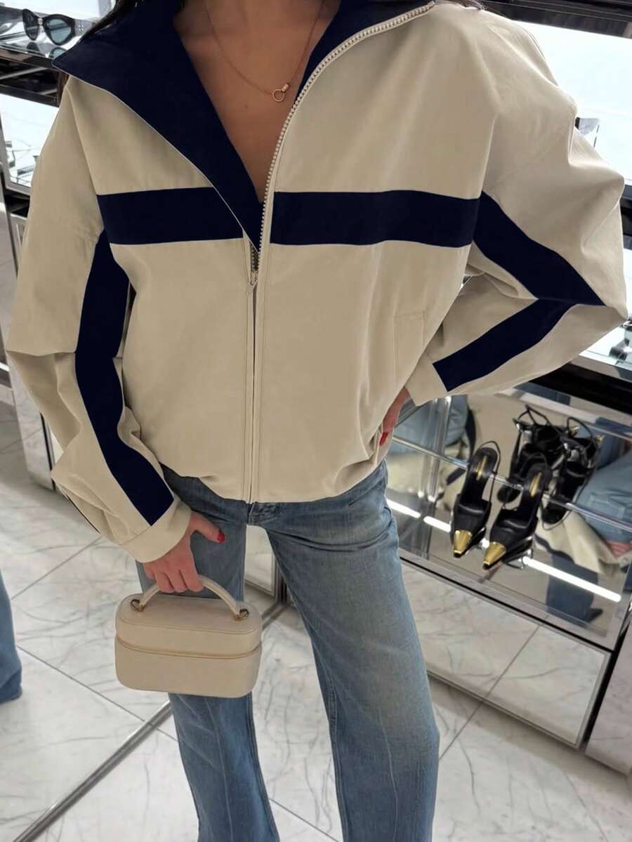 女款米色與海軍藍拼色條紋短款運動夾克,立領拉鍊長袖復古寬鬆休閒街頭風防風外套 - 卡其色 - 查看 1