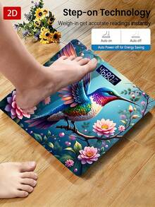 Electronic Digital Bathroom Scale, Colorful Hummingbird Perched On Flower-Surrounded Branch, Uses AAA Batteries (Not Included), 1pc, Gift For Friends And Family, Tempered Glass Surface, Temperature Detection - Multicolor - View 2