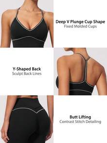 NcmRyu Women's One Set Contrast Color White Line Spaghetti Strap V-Neck Y-Back Tank Top & Butt-Lifting Mid-Length Shorts Sports Set - Black - View 4