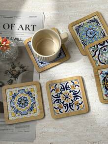 Sicilian Vintage Floral Tile Pattern Thickened MDF Material Embossed High-Definition Printed Square Heat-Insulating Coaster Placemat Suitable For Home Daily Use And Holiday Birthday Gift, Travel Souvenir Gift - Multicolor - View 2