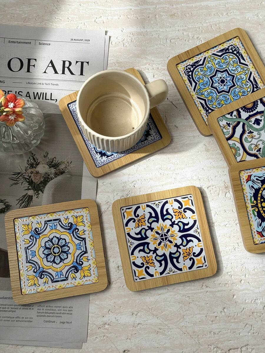 Sicilian Vintage Floral Tile Pattern Thickened MDF Material Embossed High-Definition Printed Square Heat-Insulating Coaster Placemat Suitable For Home Daily Use And Holiday Birthday Gift, Travel Souvenir Gift