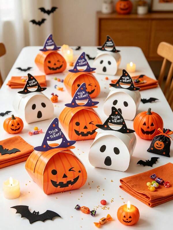 10pcs Halloween Ghost Pumpkin Candy Gift Boxes, "Trick Or Treat" Witch Hat Paper Gift Boxes, Halloween Party Souvenir Boxes (Suitable For Baby Shower, Birthday Celebration And "Trick Or Treat" Candy Bags)