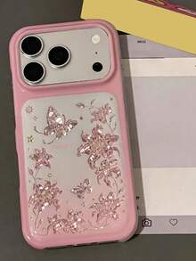 Luxury Pink Laser Floral Butterfly Illustration Shiny Rhinestone Sequin Pattern Phone Case, Compatible With IPhone 18 Pro Max 18 Pro 17 Pro Max 17 Pro 16 Pro Max 15 Pro Max 14 Pro Max 13 Pro Max 12 Pro Max 15 Plus 11, Summer Shiny Soft Back Cover - Flowers and Butterflies - View 5