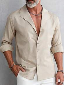 GOLDREDY Summer Thin Old Money Style Lapel Shirt Men's Slouchy Solid Color Loose Long Sleeve Casual Cardigan Top - Apricot - View 5