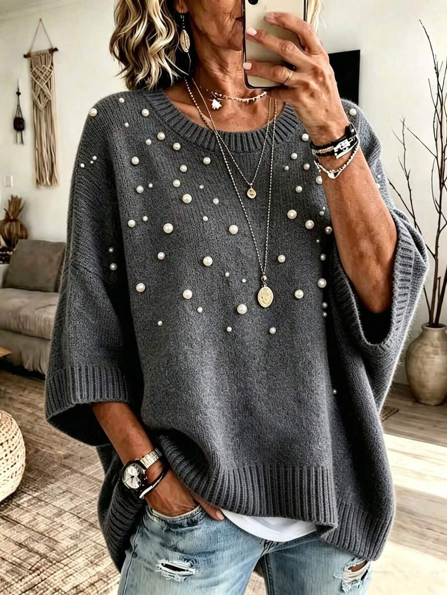 Plus Size Round Neck Pearl Decor Knit Pullover, Loose 3/4 Sleeve Plus Size Sweater For Women Winter Casual Going Out Outfits - Dark Grey - View 1