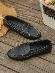 Women's Casual Round Toe Slip-On Loafers, Black Lychee Textured Flat Shoes, Soft Comfortable Easy-On Daily Commute Driving Moccasins - Black Lychee Pattern - View 8