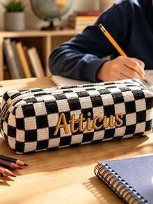 1pc Personalized Plaid Pencil Case, Customized Name Embroidered Stationery Box, School Supplies, Back To School Gift, Teacher's Day Gift, Personalized Makeup Bag, Toiletry Organizer Bag, Christmas Gift - Multicolor - View 5