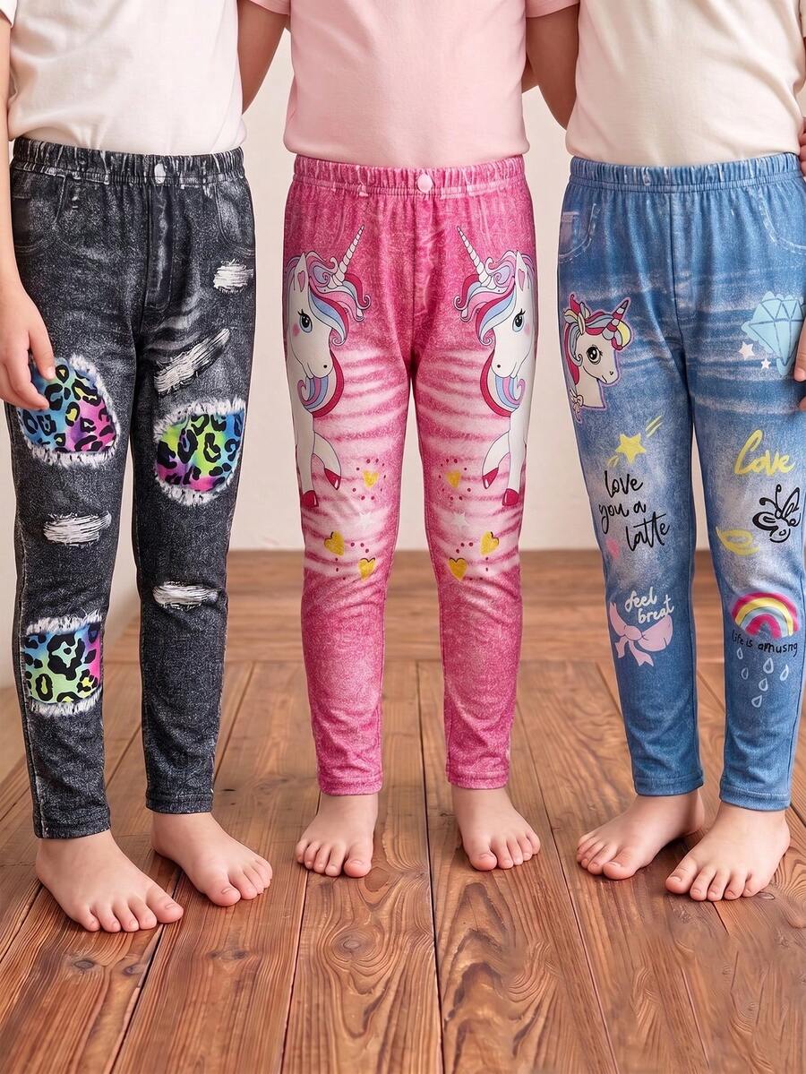 3pcs Young Girl Denim Print Slim Fit Pants Set - Hot Pink - View 1