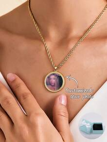 Customized Personalized Round Floral Color Photo Necklace, Hidden Photo Projection Jewelry For Women, Anniversary Graduation Birthday Jewelry Gift - Gold - View 2