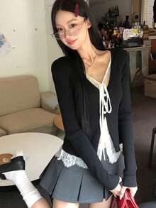 Kaos Wanita Lengan Panjang Model Ikat Pinggang dengan Motif Renda Hitam, Potongan Acak - Hitam - View 4