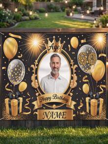 1pc - Customized Happy Birthday Backdrop, Customized Black & Gold Theme Printed Poster - Personalized Birthday Party Customized Photo And Name Poster - Suitable For Party Decorations, Birthday Gifts, Gallery Decor And Photo Props, Party Decorations, Unique Personalized Background Photography And Display, Party Decorations, Multi-Functional, Durable, Decorative, Summer Holiday - Multicolor - View 1