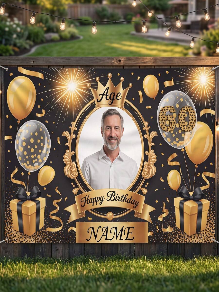 1pc - Customized Happy Birthday Backdrop, Customized Black & Gold Theme Printed Poster - Personalized Birthday Party Customized Photo And Name Poster - Suitable For Party Decorations, Birthday Gifts, Gallery Decor And Photo Props, Party Decorations, Unique Personalized Background Photography And Display, Party Decorations, Multi-Functional, Durable, Decorative, Summer Holiday - Multicolor - View 1