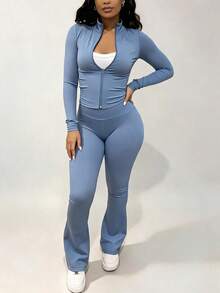 Bộ 2 món nữ xuân/thu, áo khoác kéo khóa ôm dáng màu trơn thời trang & quần dài, vải polyester nhẹ thể thao yoga thanh lịch - Màu xanh bụi bặm - Xem 2
