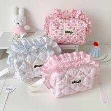 1pc Sweet Floral Quilted Ruffle Trim Kids Toiletry Makeup Bag, Girl Fabric Quilted Storage Bag, Portable Toiletry Bag, Travel Cosmetic Organizer - Multicolor - View 11