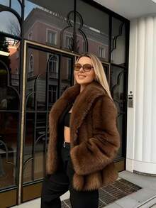Solid Color Plush Faux Fur Coat, European Comfortable Casual Slimming Sexy Warm Fashionable - Brown - View 5