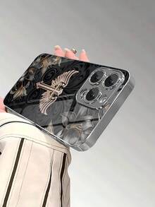 1PC Luxury Black Floral Phone Case, Rhinestone Cross Angel Wings Design, Silver Electroplated Tempered Glass Back Panel Anti-Drop Protective Shell, High-End Texture Protective Case Suitable For Apple Air 17/16e/16Pro/16ProMax/16Plus/15/15Plus/15ProMax, 14/14Plus/14Pro/14ProMax, 13/13Pro/13ProMax, 12/12Pro/12ProMax, 11/11Pro/11ProMax And Other Models, Suitable For Personal Use Or Gift - Multicolor - View 3