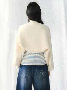 Korean Style Contrast Stripe Bandeau Top & Knitted Cardigan 2pcs Set, Slim Fit Flattering Top Outfit For Women, Autumn/Winter - White - View 2