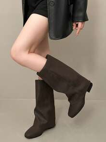 2026 New Vintage Knee-High Straight Leg Stacked Pants Boots, Maillard Style - Brown - View 4