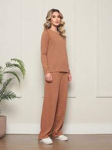 Basic Women's Linen Pants And Top Set - Camel - View 2
